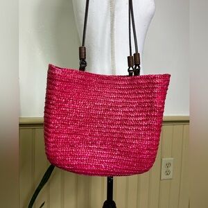 Vintage Charter Club Hot Pink Woven Straw Shoulder Tote Bag Summer Y2K